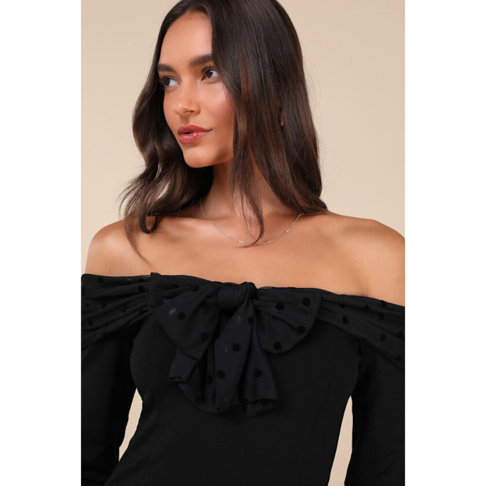 Lulus Major Charisma Black Off-the-shoulder Bow Long Sleeve Top - Size M